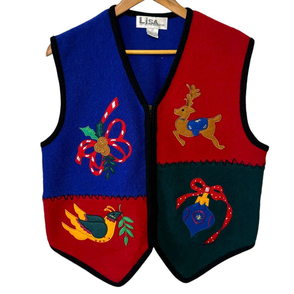 Vintage Boiled Wool Size Large Lisa International Zip Up Christmas Vest